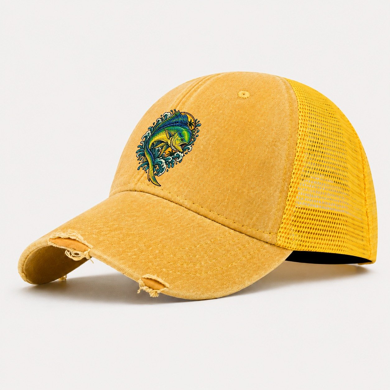 Mahi Mahi Blaze Fishing Club Washed Trucker Hat – Yellow