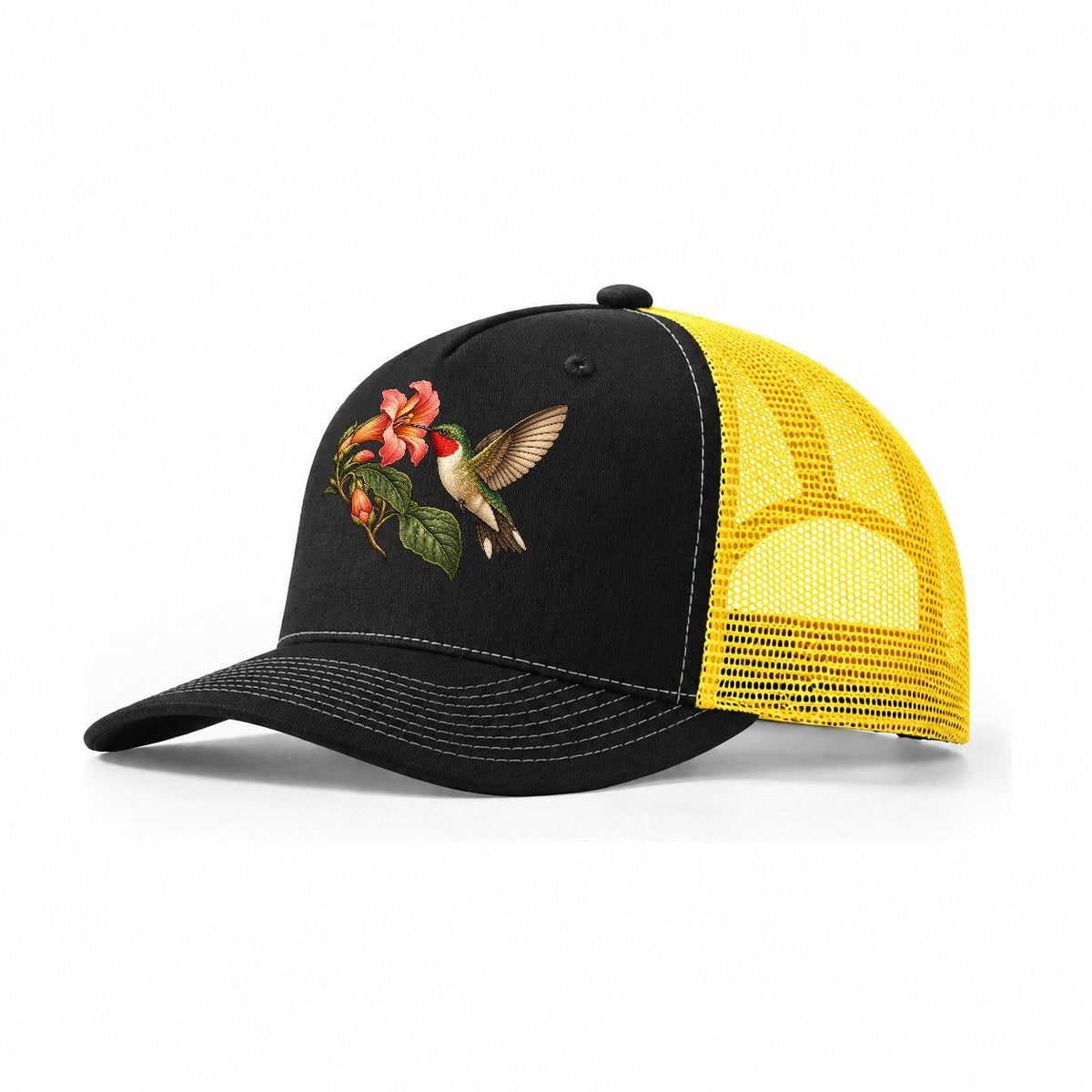 Hummingbird Trumpet Blossom Character Club Trucker Hat – Black Yellow