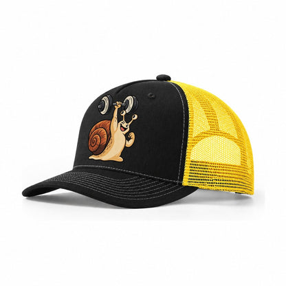 Snail Slow Gains Animal Lifters Trucker Hat – Black Yellow