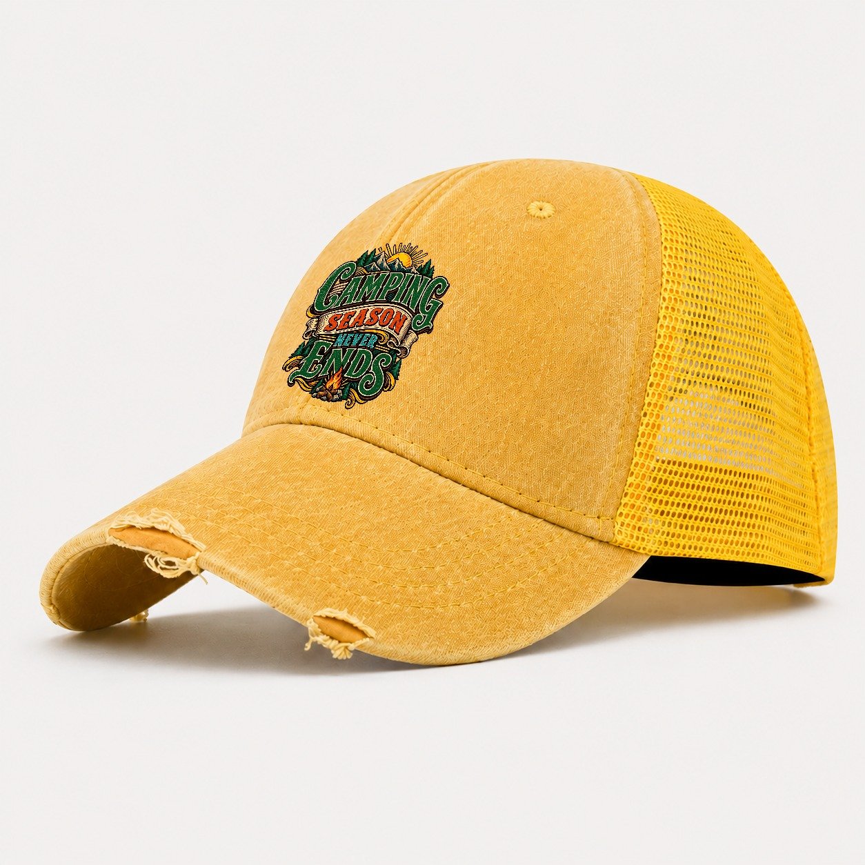 Camping Season Never Ends Retired Living Washed Trucker Hat – Yellow