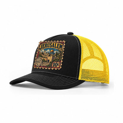 Jerusalem Postage Stamp Jerusalem Trucker Hat – Black Yellow