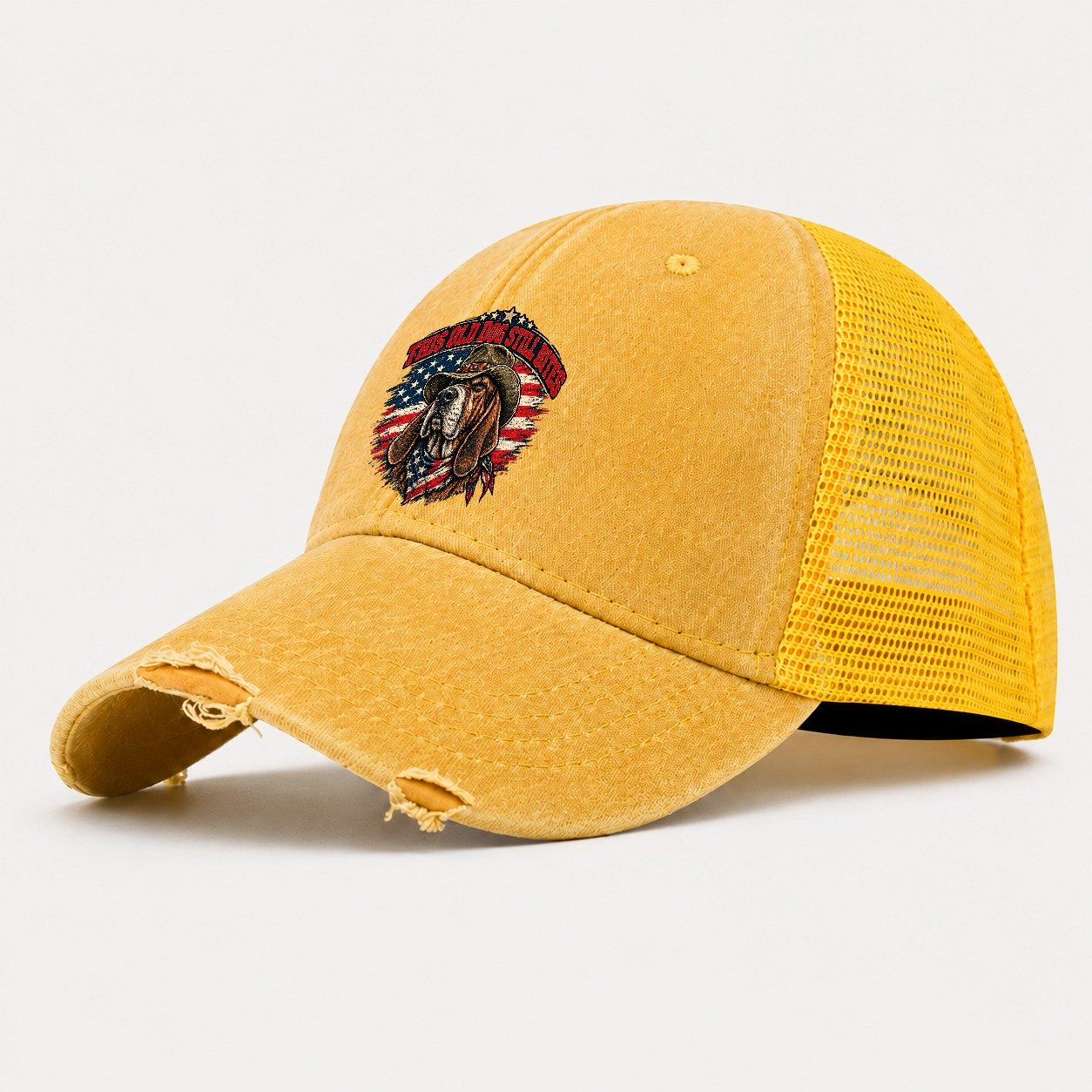 This Old Dog Still Bites Old Man Strong Washed Trucker Hat – Yellow