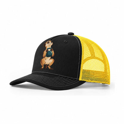 Meerkat Sentry Squat Animal Lifters Trucker Hat – Black Yellow