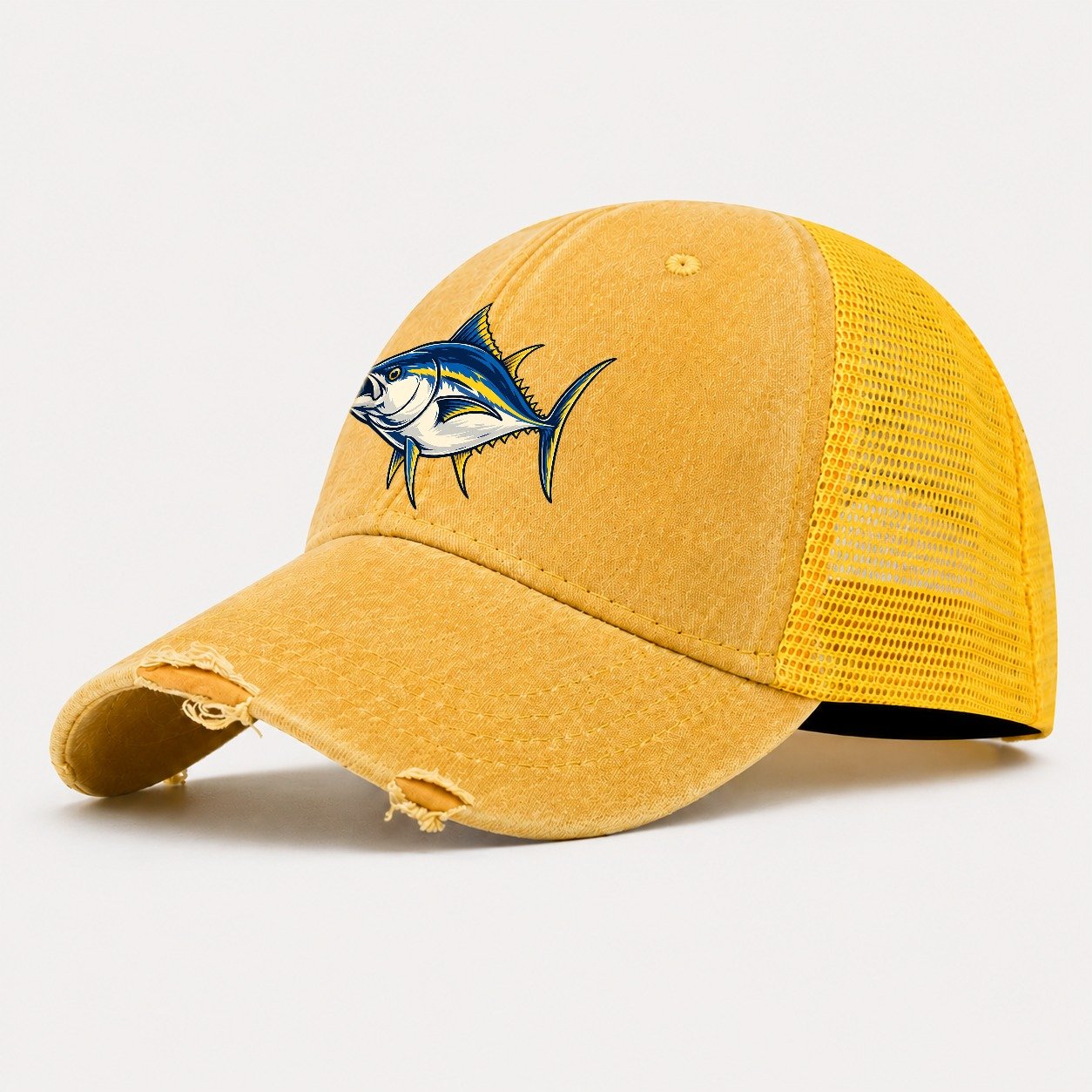 Tuna Silhouette Fishing Elegant Washed Trucker Hat – Yellow
