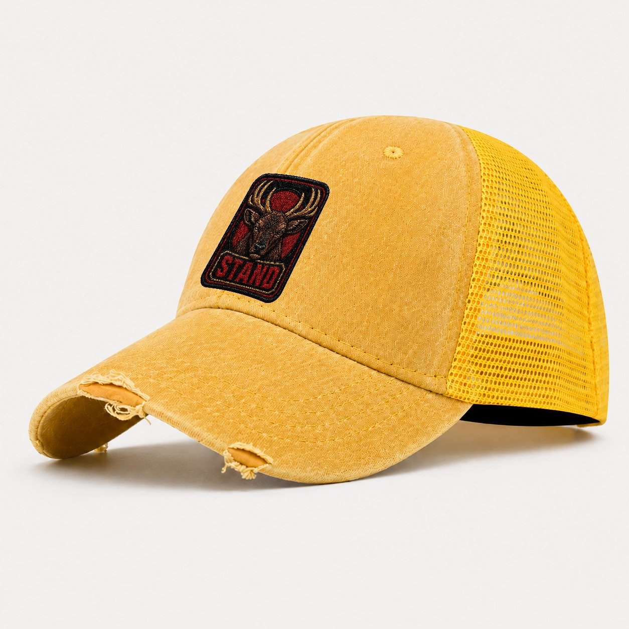 Elk Stand Badge Washed Trucker Hat – Yellow