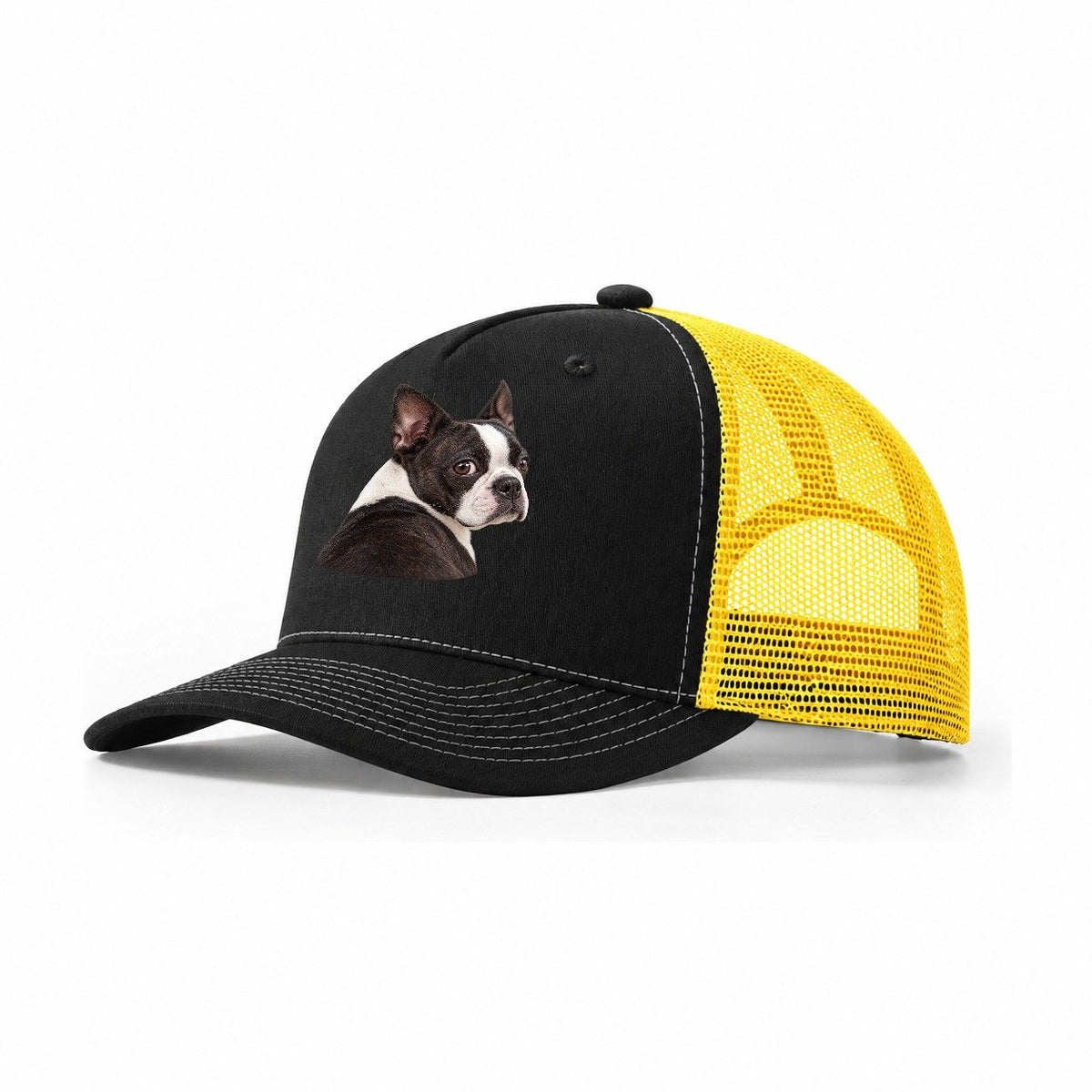 Boston Terrier Over The Shoulder Character Club Trucker Hat – Black Yellow