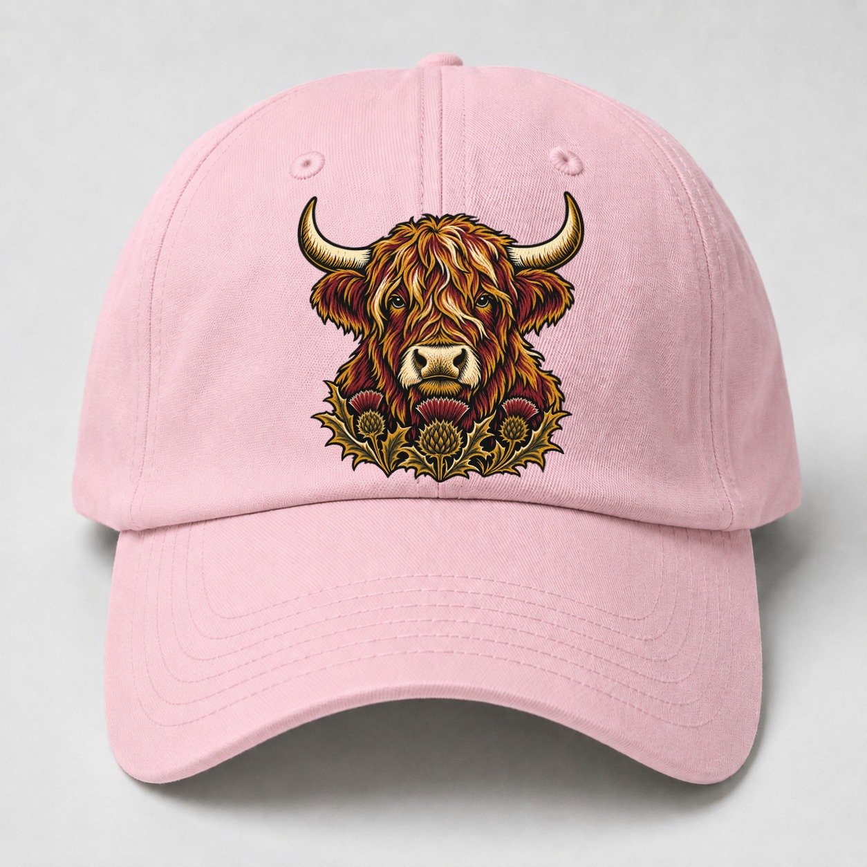 Highland Cow With Thistle Meadow Uk Culture Heritage Baseball Cap – Pink