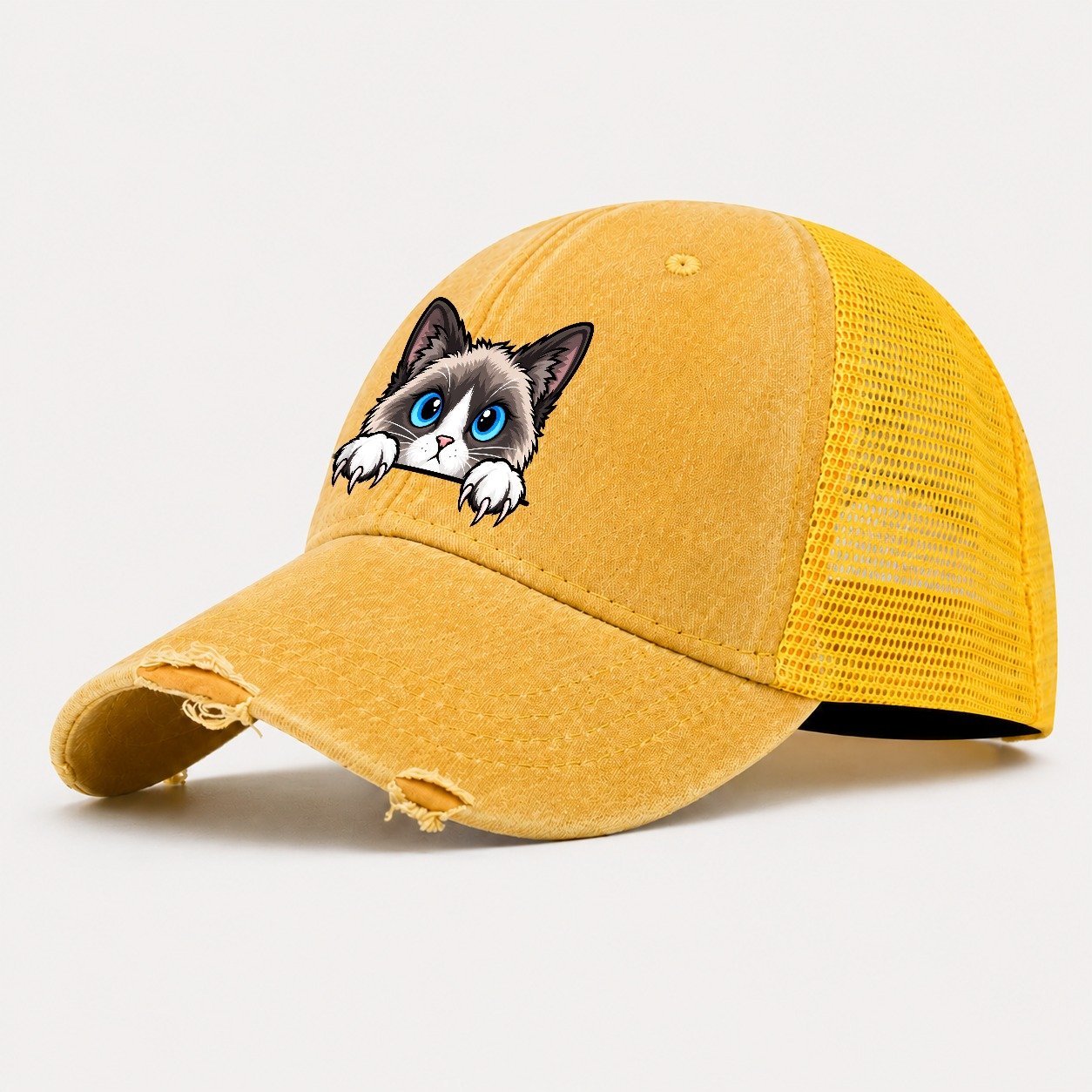 Snowshoe Cat Peeking Peeking Cats Washed Trucker Hat – Yellow