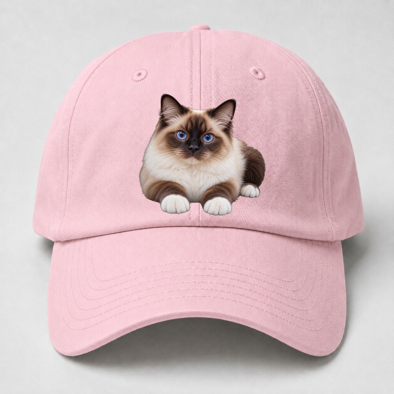 Birman Reclining Paws Forward Realistic Cat Portrait Baseball Cap – Pink