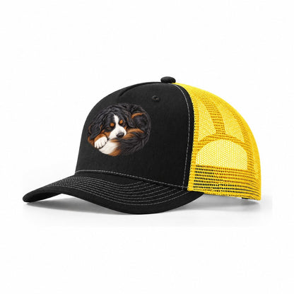 Bernese Round Hearth Nap Pastimes Companions Trucker Hat – Black Yellow