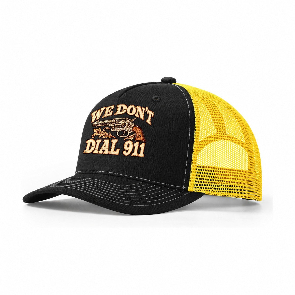 Pyrography Mark We Don't Dial 911 Trucker Hat – Black Yellow