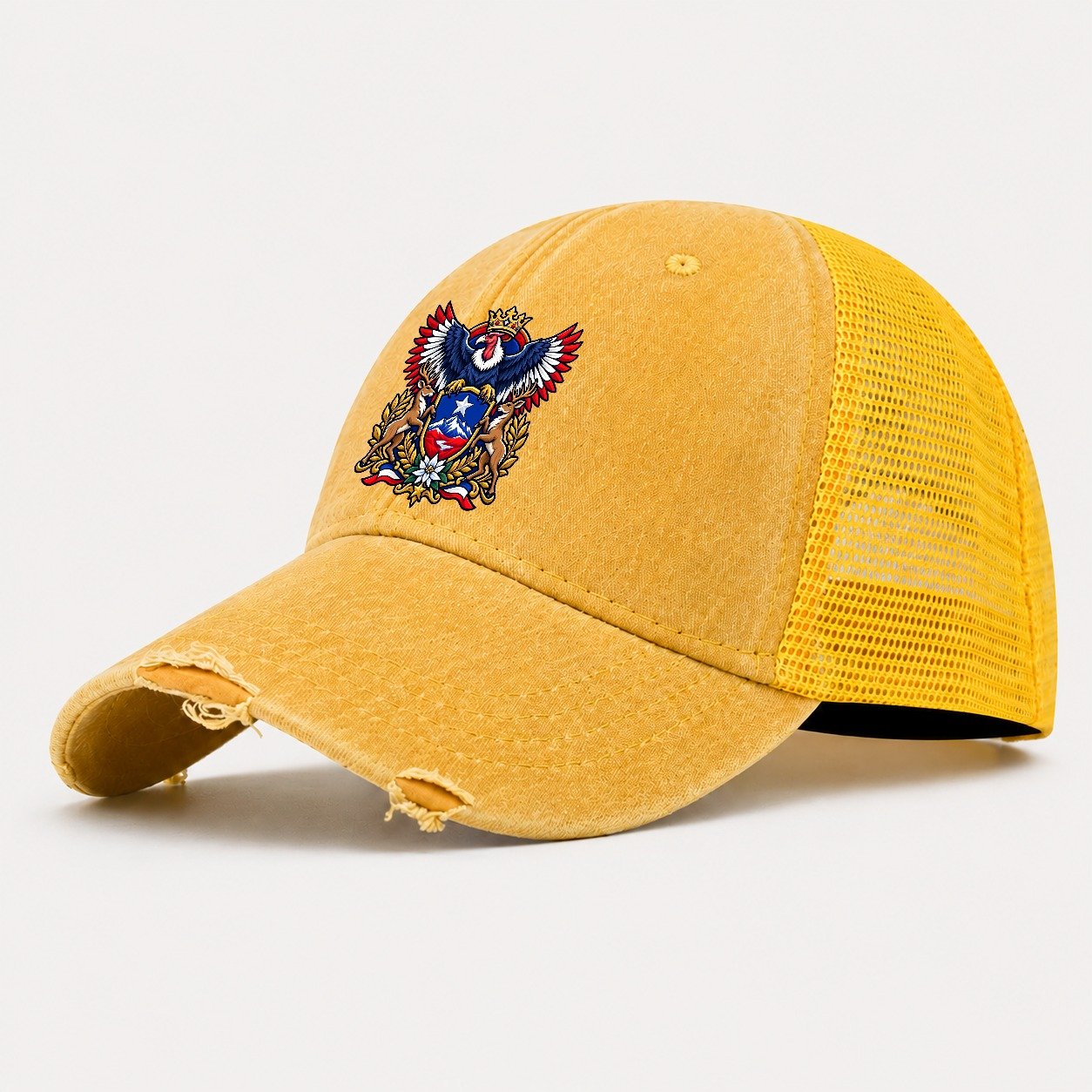 Chile Heraldic Crest Country Logos Washed Trucker Hat – Yellow