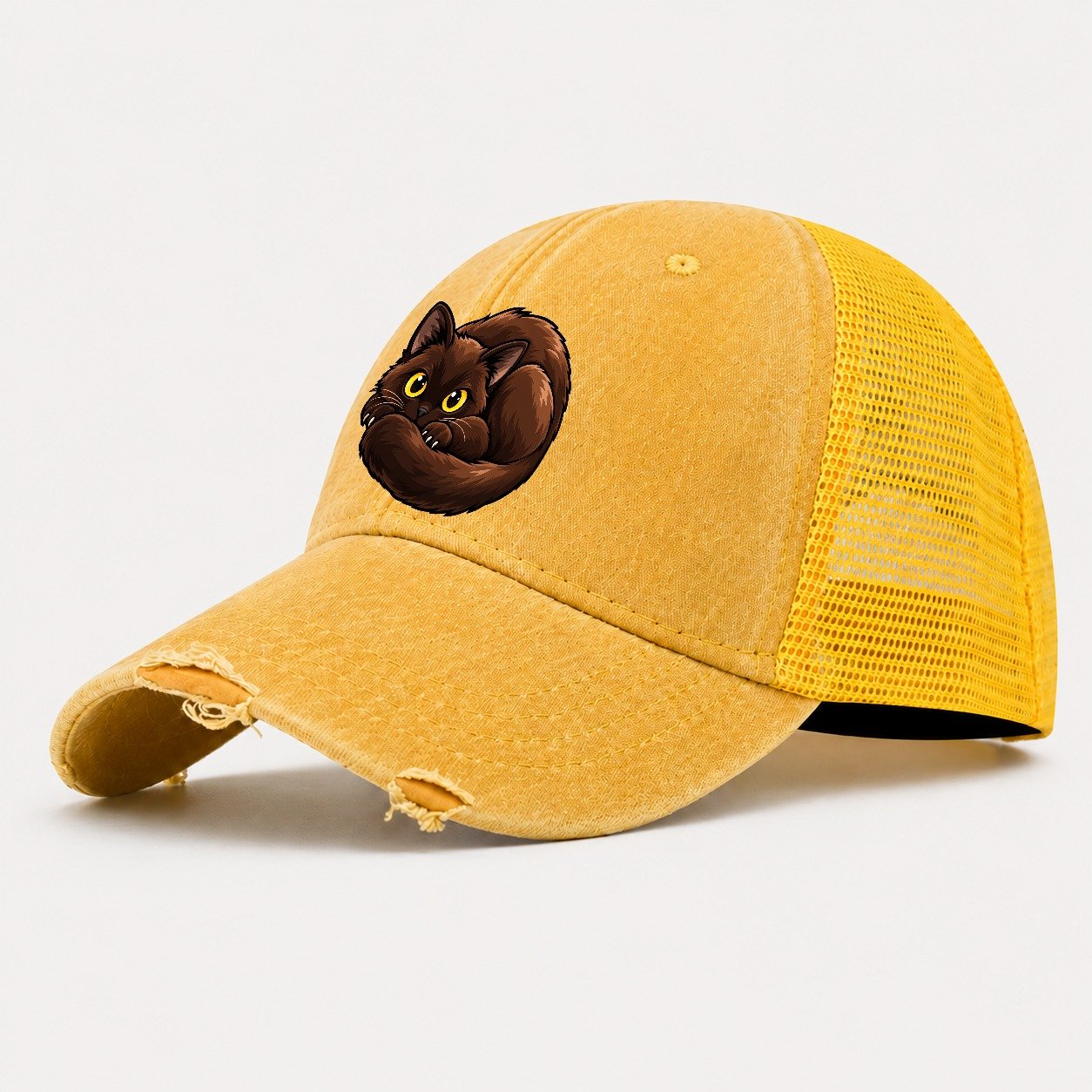 Burmese Curled Peeking Cats Washed Trucker Hat – Yellow