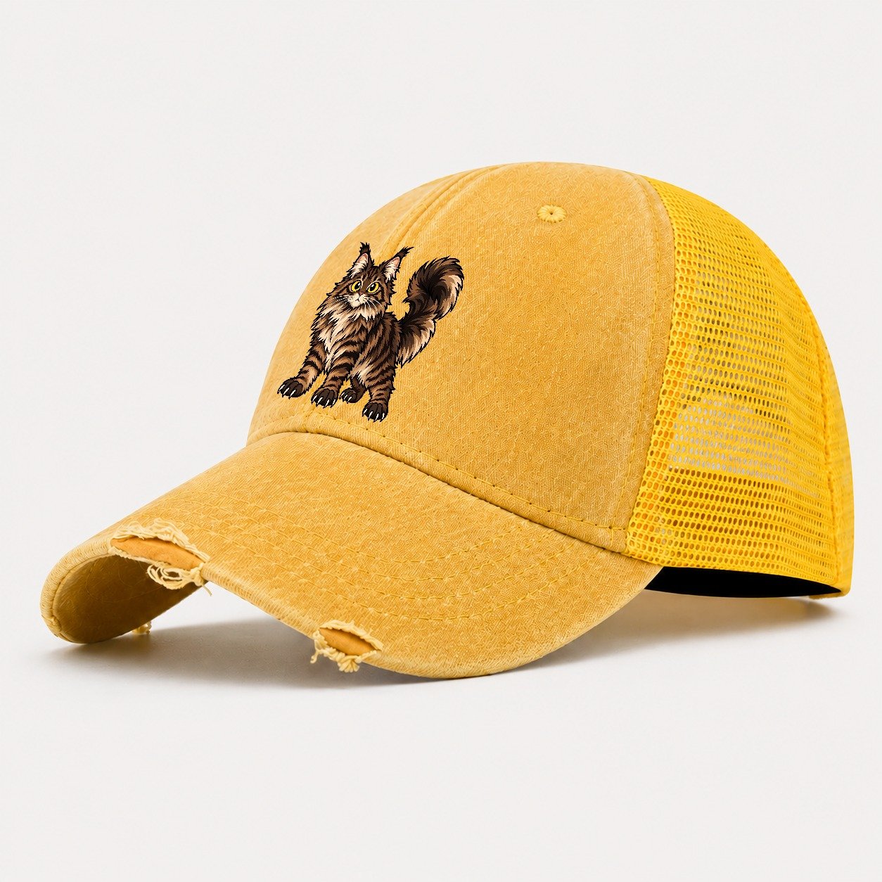 Maine Coon Standing Proud Peeking Cats Washed Trucker Hat – Yellow