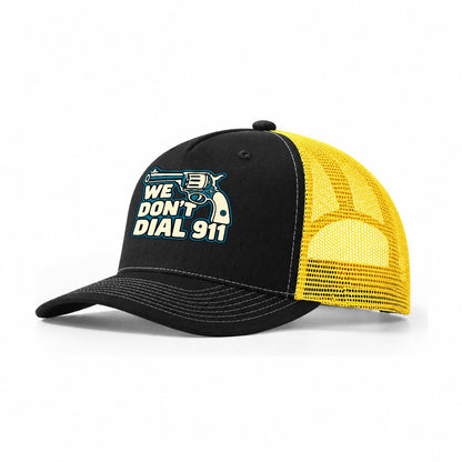 Continuous Line Mark We Don't Dial 911 Trucker Hat – Black Yellow