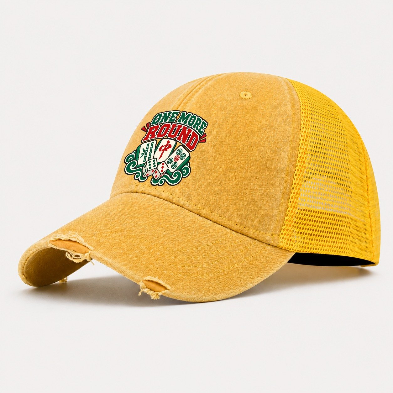 One More Round Mahjong Game Night Washed Trucker Hat – Yellow