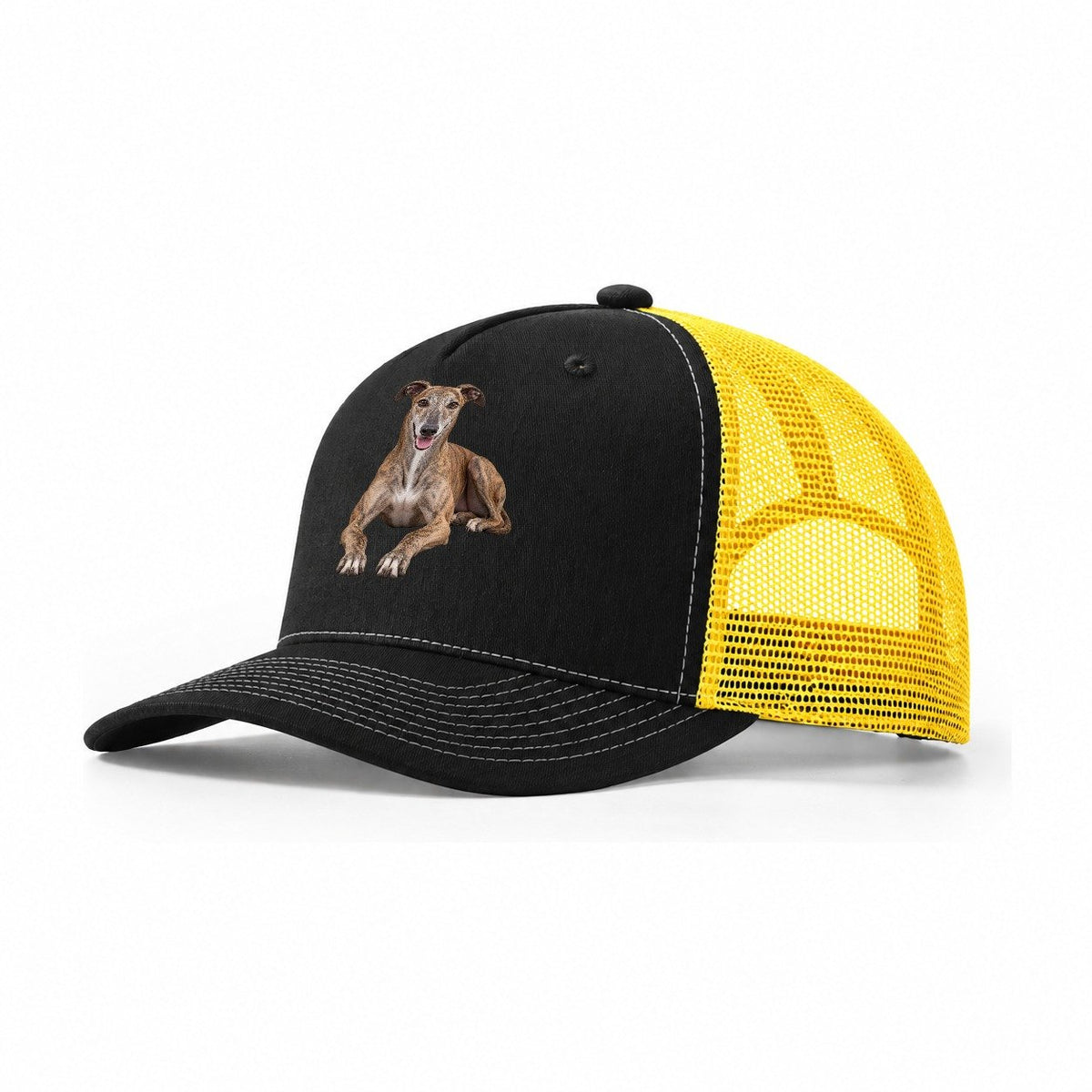 Greyhound Lying Down Top Breeds Trucker Hat – Black Yellow