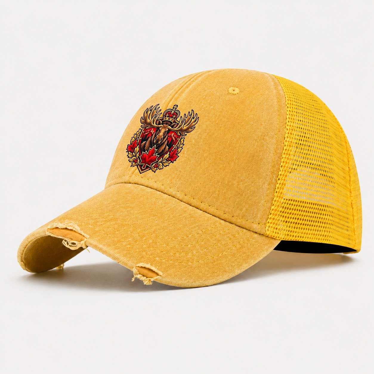 Canada Heraldic Crest Country Logos Washed Trucker Hat – Yellow