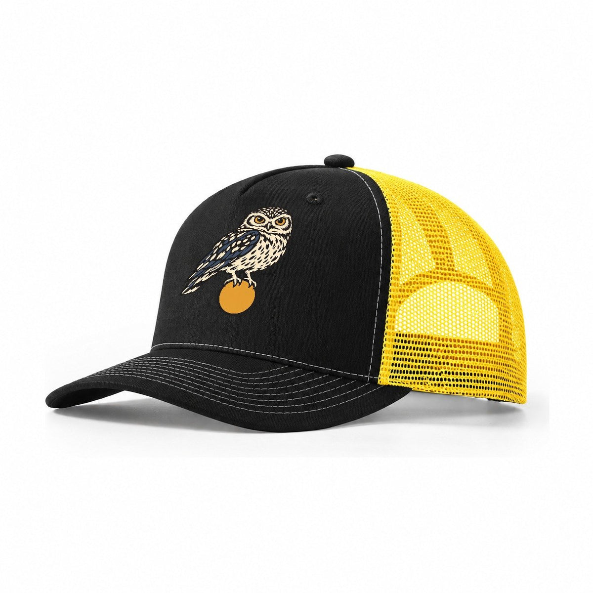 Burrowing Owl Sunrise Sundown Familiars Trucker Hat – Black Yellow
