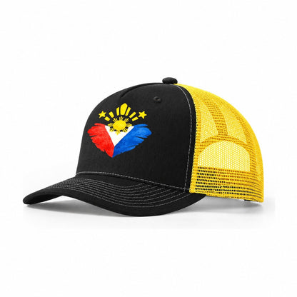 Philippine Flag Heart Sun and Stars Trucker Hat – Black Yellow