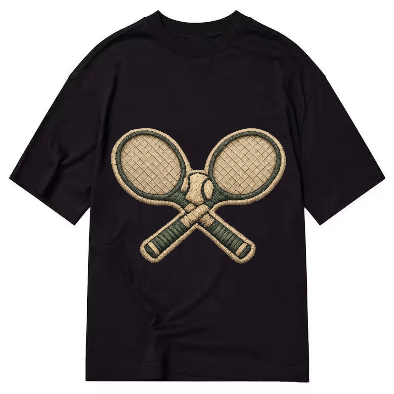 Embroidered Patch Design Tennis Racket Crossed Tennis Racket Classic T-shirt – Black