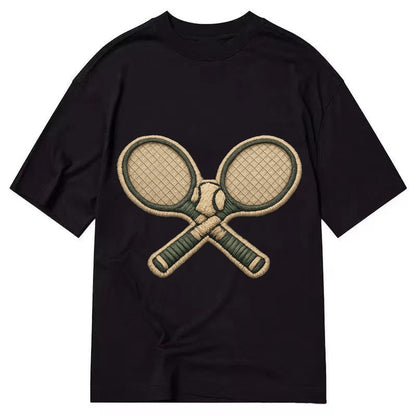 Embroidered Patch Design Tennis Racket Crossed Tennis Racket Classic T-shirt – Black