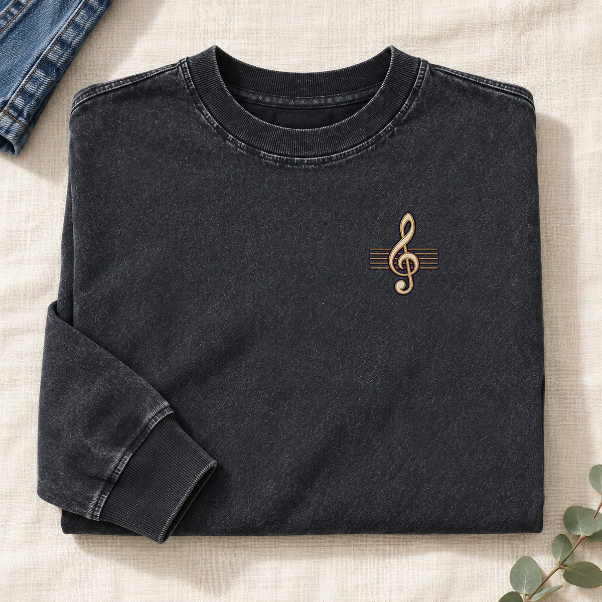 Treble Clef Symbol Emblems Left Chest Washed Long Sleeve T-Shirt – Black
