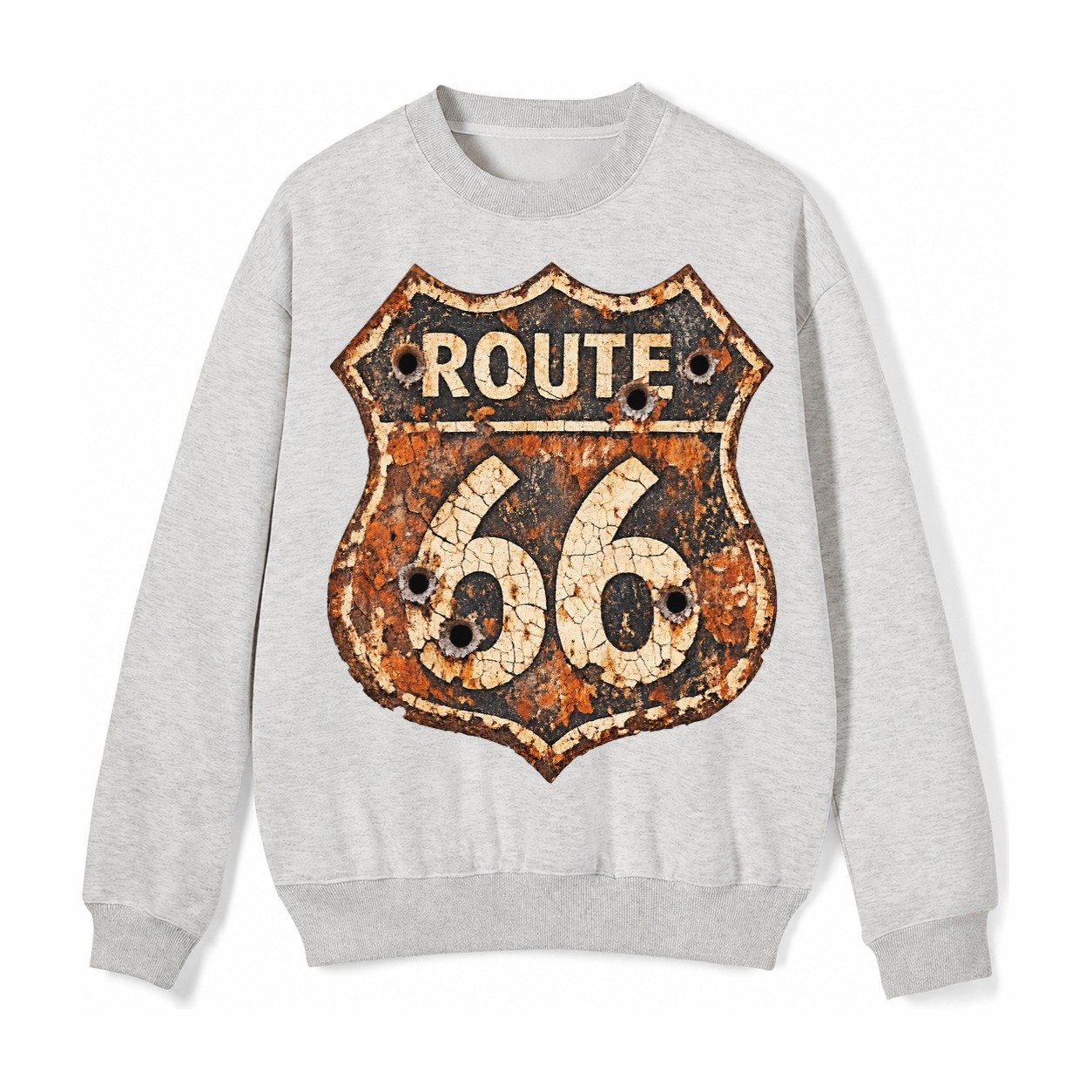 Weathered Marker Rust Aged Route 66 Sign Desert Sun Bleached Fleece Sweatshirt – Light Gray