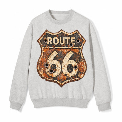 Weathered Marker Rust Aged Route 66 Sign Desert Sun Bleached Fleece Sweatshirt – Light Gray