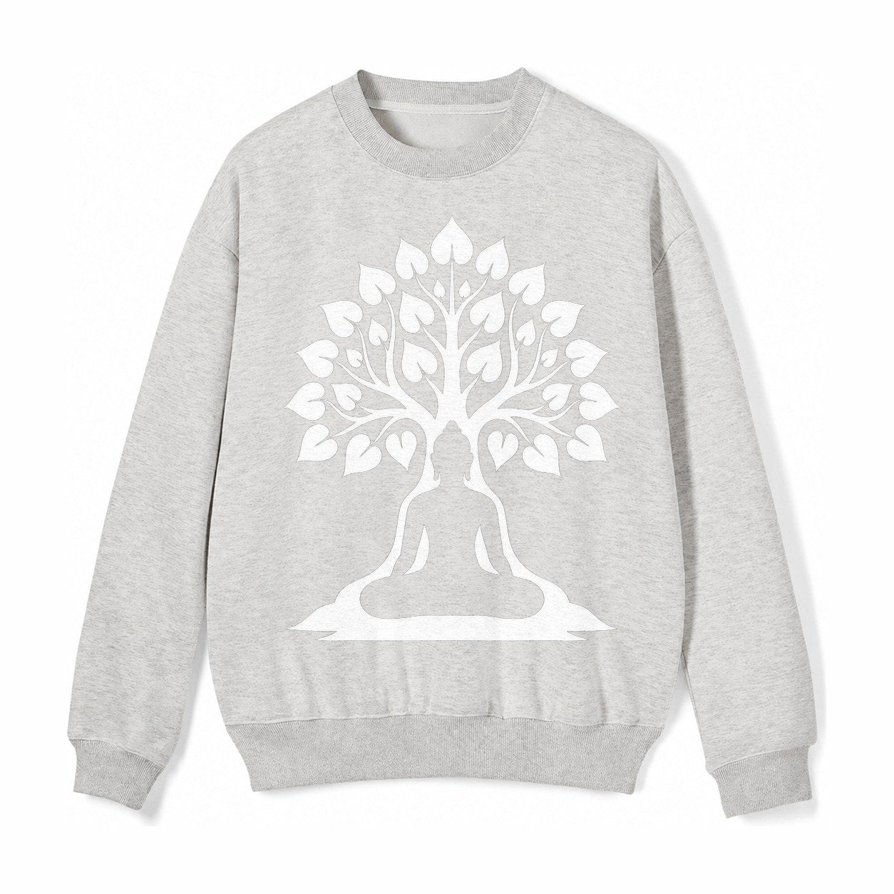 Buddha Silhouette Meditating Negative Space Forms Bodhi Tree Fleece Sweatshirt – Light Gray