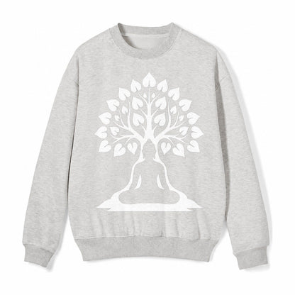 Buddha Silhouette Meditating Negative Space Forms Bodhi Tree Fleece Sweatshirt – Light Gray