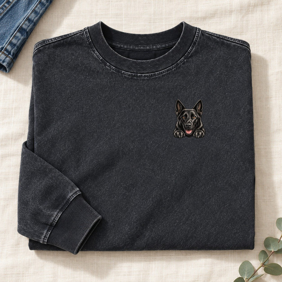 Black German Shepherd Left Chest Washed Long Sleeve T-Shirt – Black