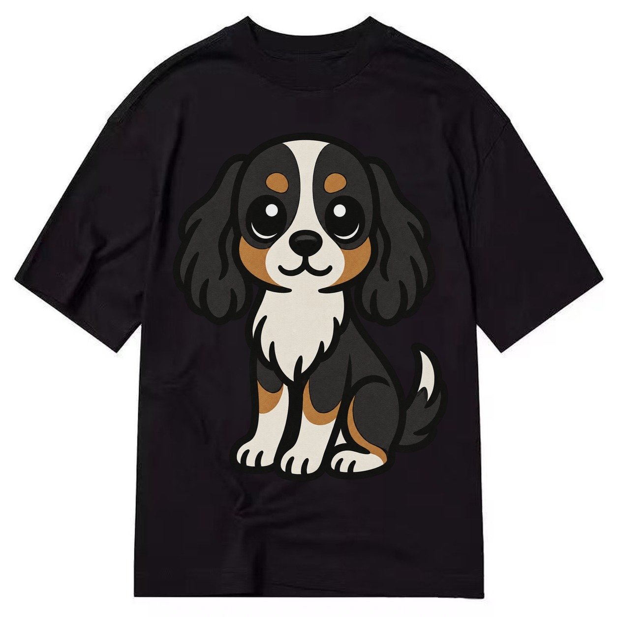 Cavalier King Charles Spaniel Tricolor Sitting Pose Portrait Classic T-shirt – Black