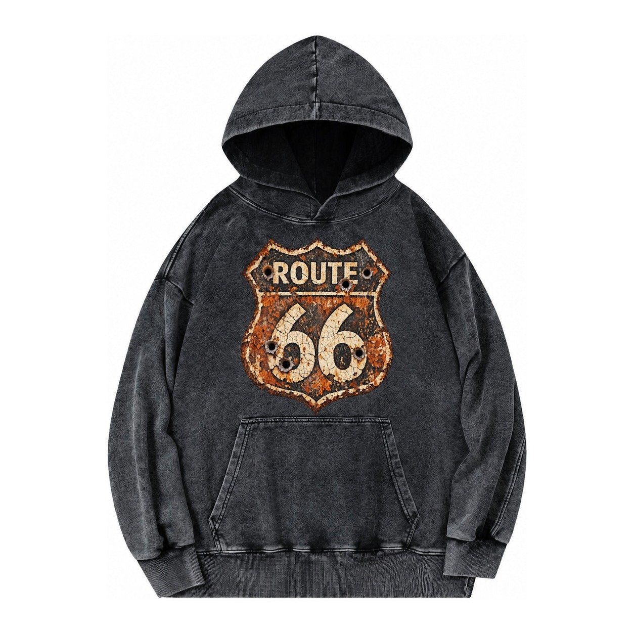 Weathered Marker Rust Aged Route 66 Sign Desert Sun Bleached Vintage Washed Hoodie – Black