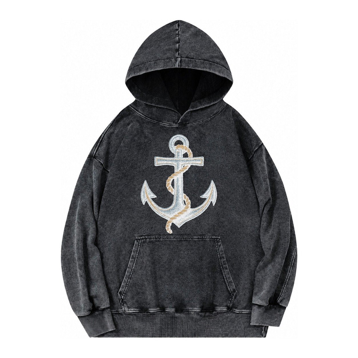 Anchor And Rope Nautical Illustration Vintage Washed Hoodie – Black