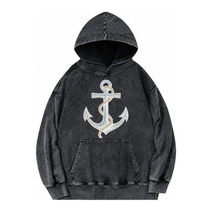 Anchor And Rope Nautical Illustration Vintage Washed Hoodie – Black