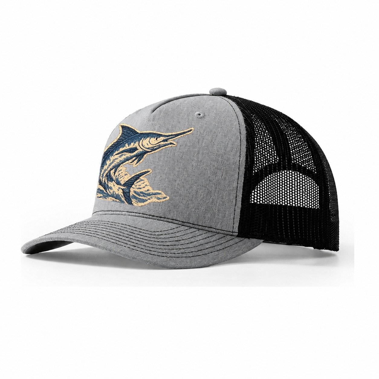 Embroidered Patch Design Swordfish Marlin Leaping Marlin In Trucker Hat – Sport Grey-Black