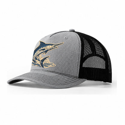 Embroidered Patch Design Swordfish Marlin Leaping Marlin In Trucker Hat – Sport Grey-Black