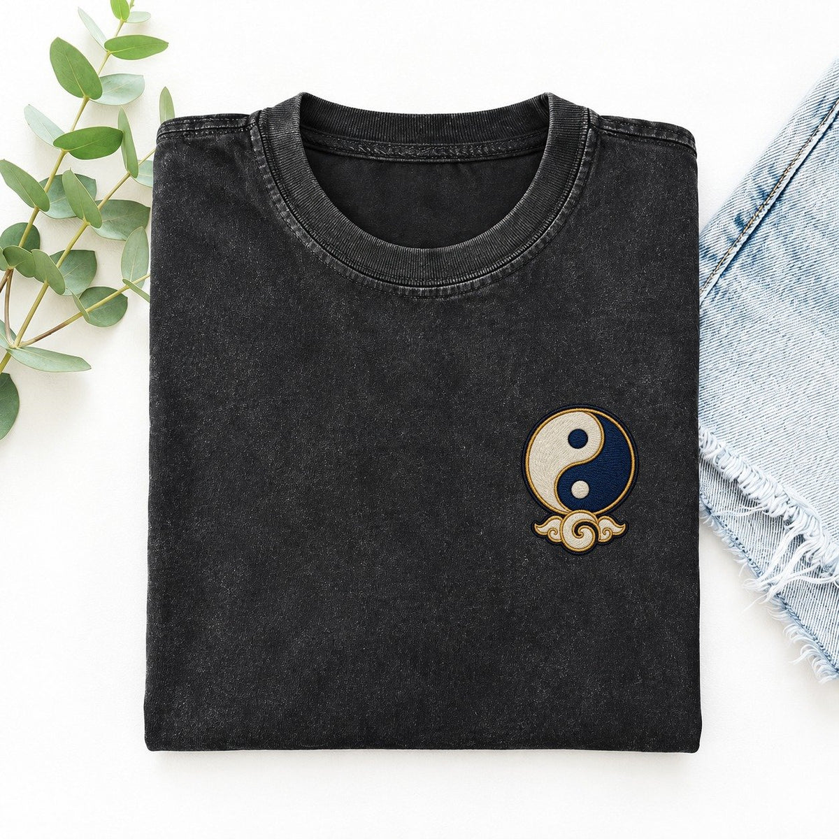 Yin Yang Cloud Symbol Emblems Left Chest Vintage T-shirt – Black