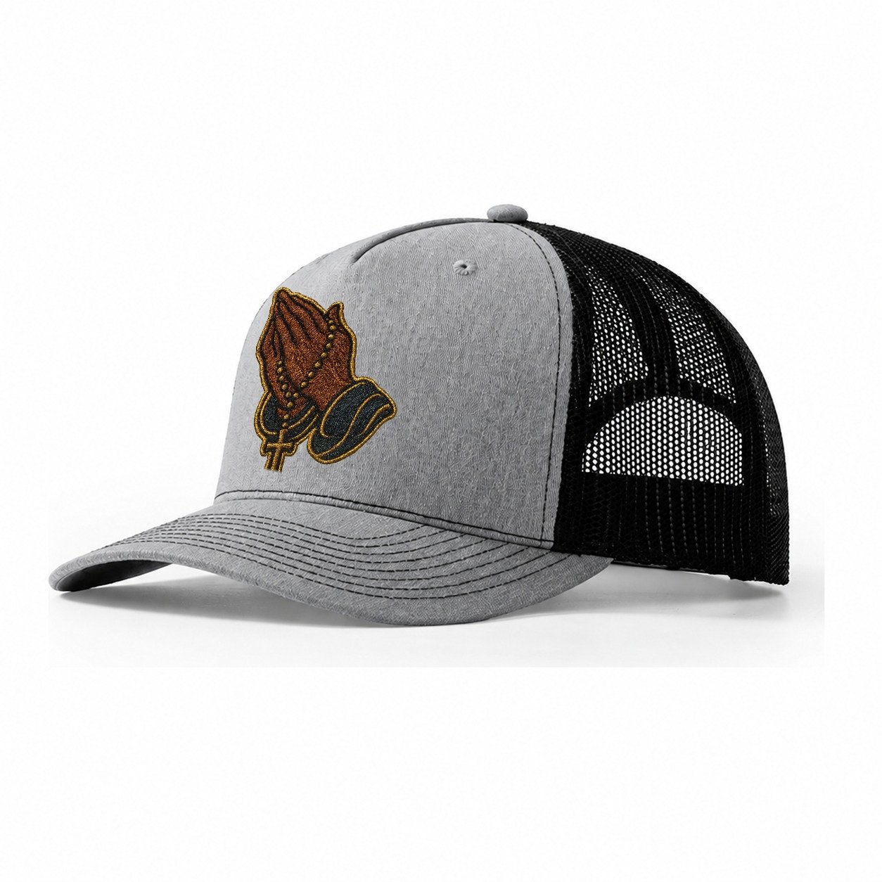 Praying Hands Clasped Hands In Prayer Position With Rosary B Trucker Hat – Sport Grey-Black