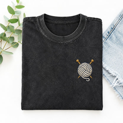 Yarn Needles Symbol Emblems Left Chest Vintage T-shirt – Black