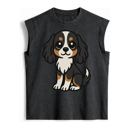 Cavalier King Charles Spaniel Tricolor Sitting Pose Portrait Vintage Washed Tank – Black
