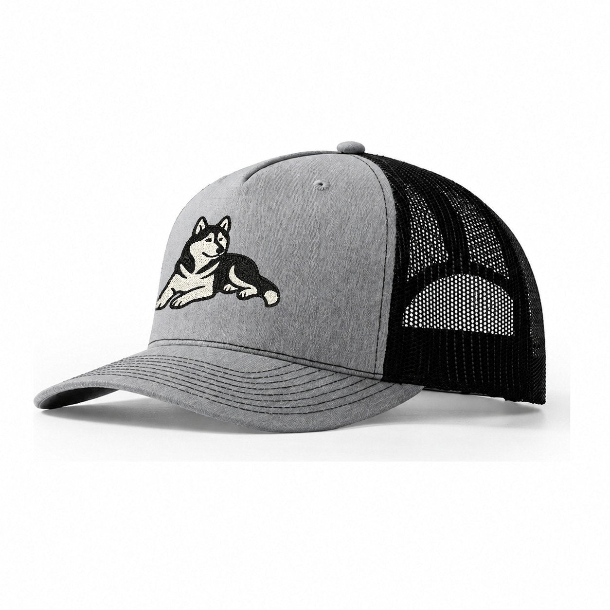 Siberian Husky Black And White Relaxed Lying Down With Head Trucker Hat – Sport Grey-Black