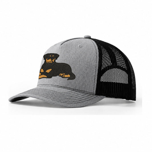 Rottweiler Black And Tan Relaxed Lying Down With Head Up Emb Trucker Hat – Sport Grey-Black
