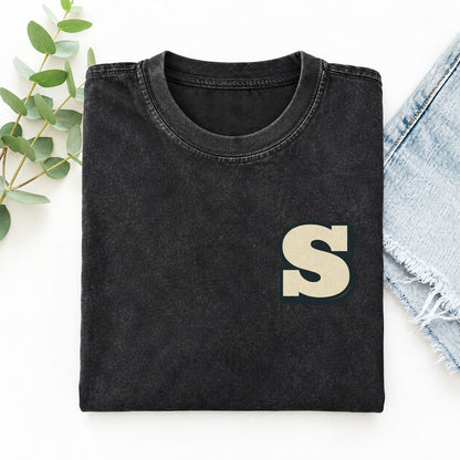 Initial S Left Chest Vintage T-shirt – Black