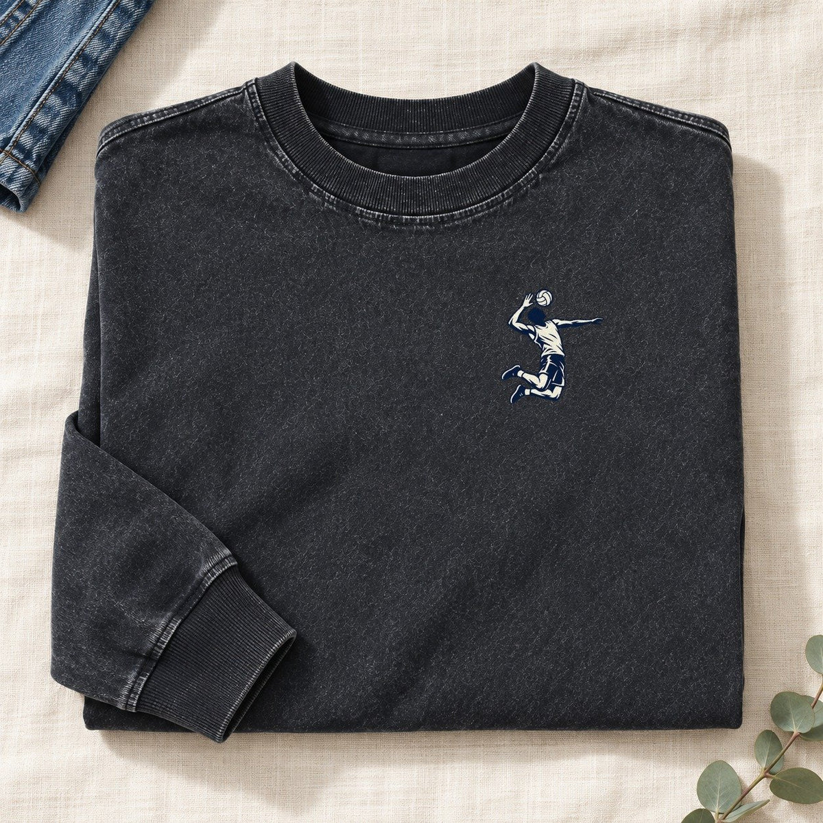 Volleyball Spike Left Chest Washed Long Sleeve T-Shirt – Black