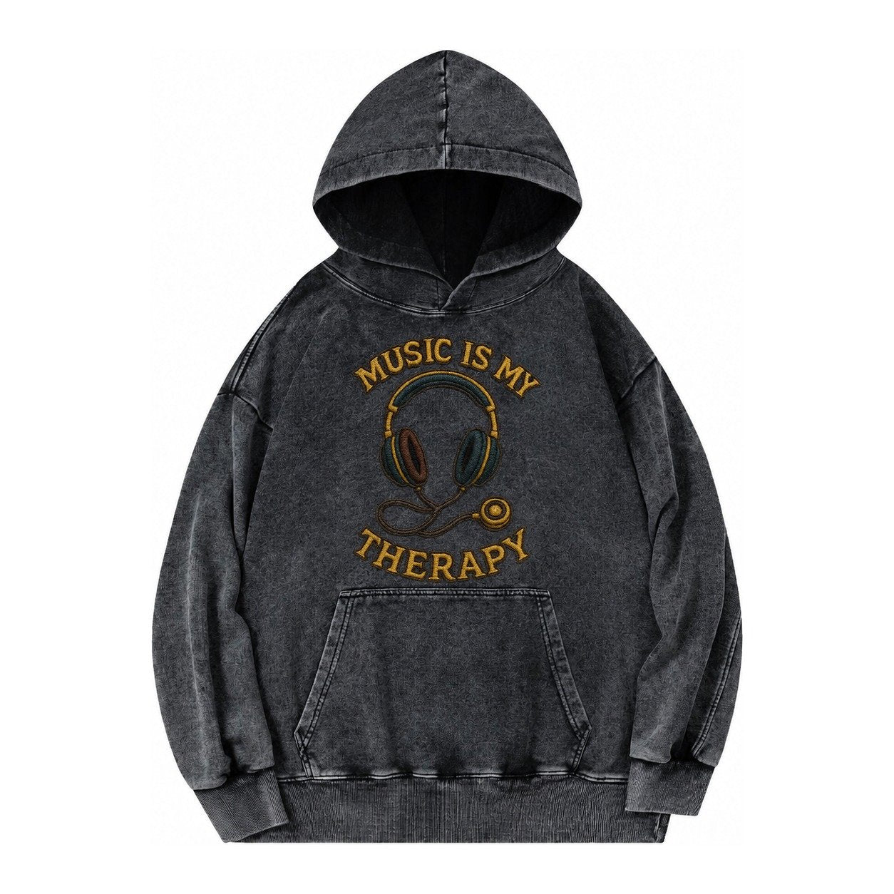 Music Is My Therapy Vintage Washed Hoodie – Black