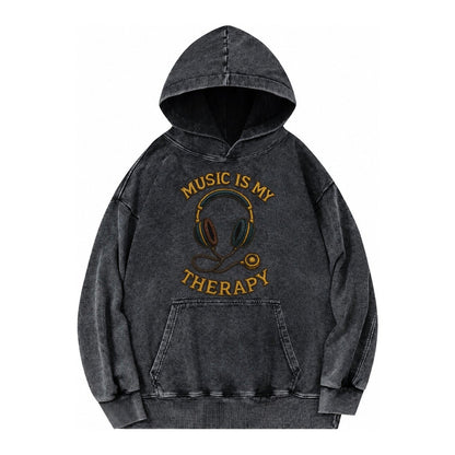 Music Is My Therapy Vintage Washed Hoodie – Black