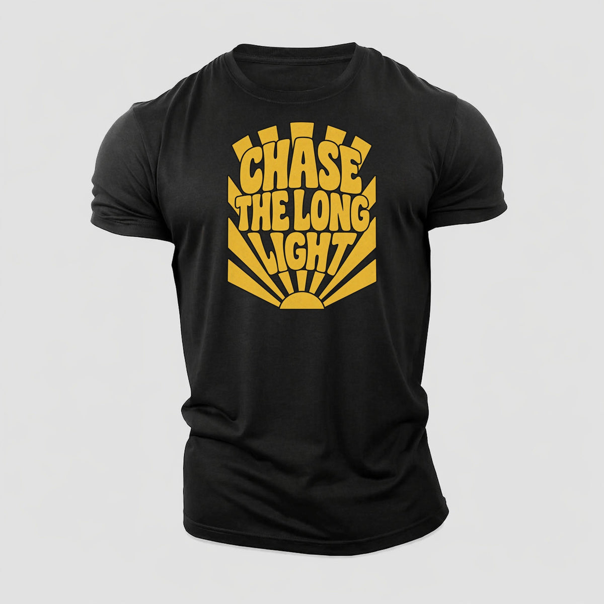 Chase The Long Light Sunburst Sayings Cotton T-Shirt – Black