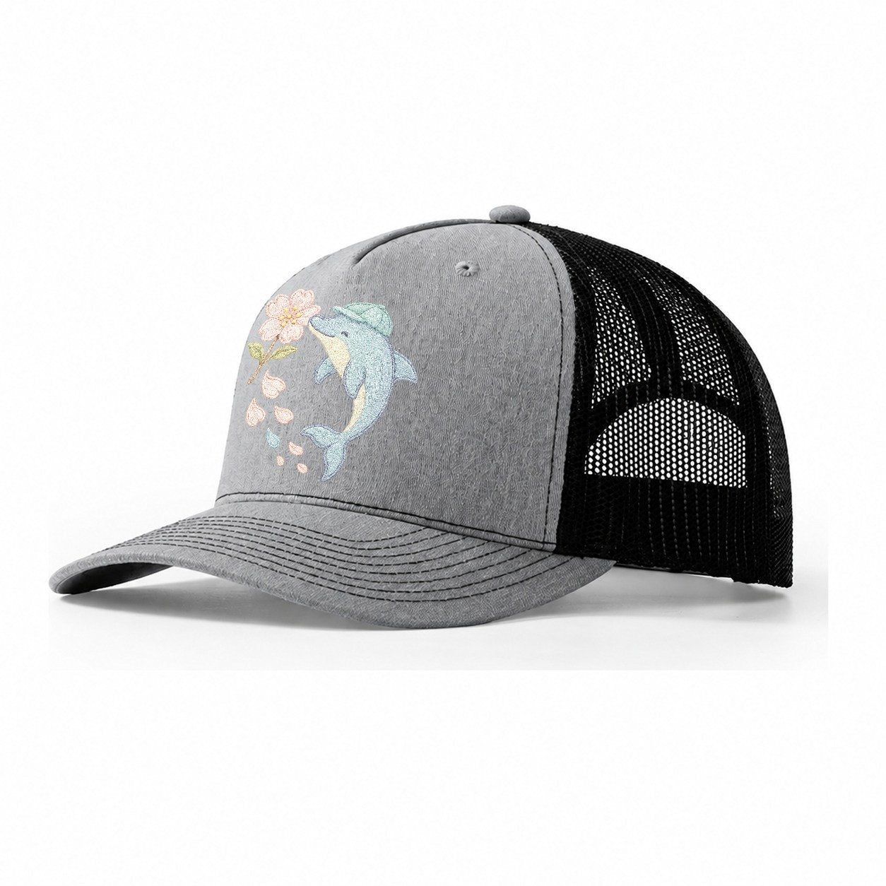 Dolphin Sakura Leap Leaping Through Blossoms Pale Aqua Cap C Trucker Hat – Sport Grey-Black